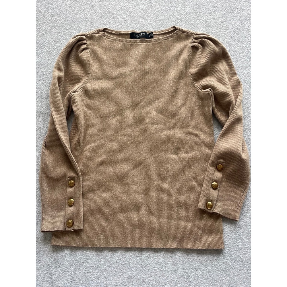 Lauren Ralph Lauren Tan Metallic Ribbed Knit Boat Neck Puff Sleeve Sweater L
